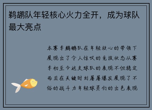 鹈鹕队年轻核心火力全开，成为球队最大亮点